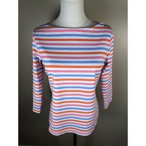 J McLaughlin Wavesong Striped Print 3/4 Sleeve Button Shoulder Tee Shirt Size S